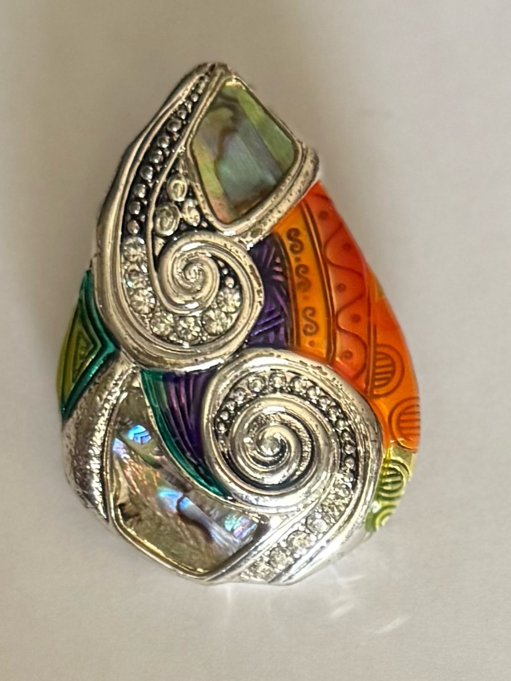 New No Tag Vintage Silvertone Rainbow Abalone Enamel Mosaic Scarf Clip Slider